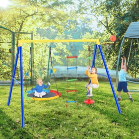 4 in 1 Outdoor Toddler Saucer Swing Set for Backyard; Playground Tree Swing Sets with Steel Frames; Climbing Rope with Disc Tree Swing Playset and Bas