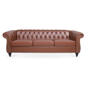 84.65" Rolled Arm Chesterfield 3 Seater Sofa. (Color: Brown)